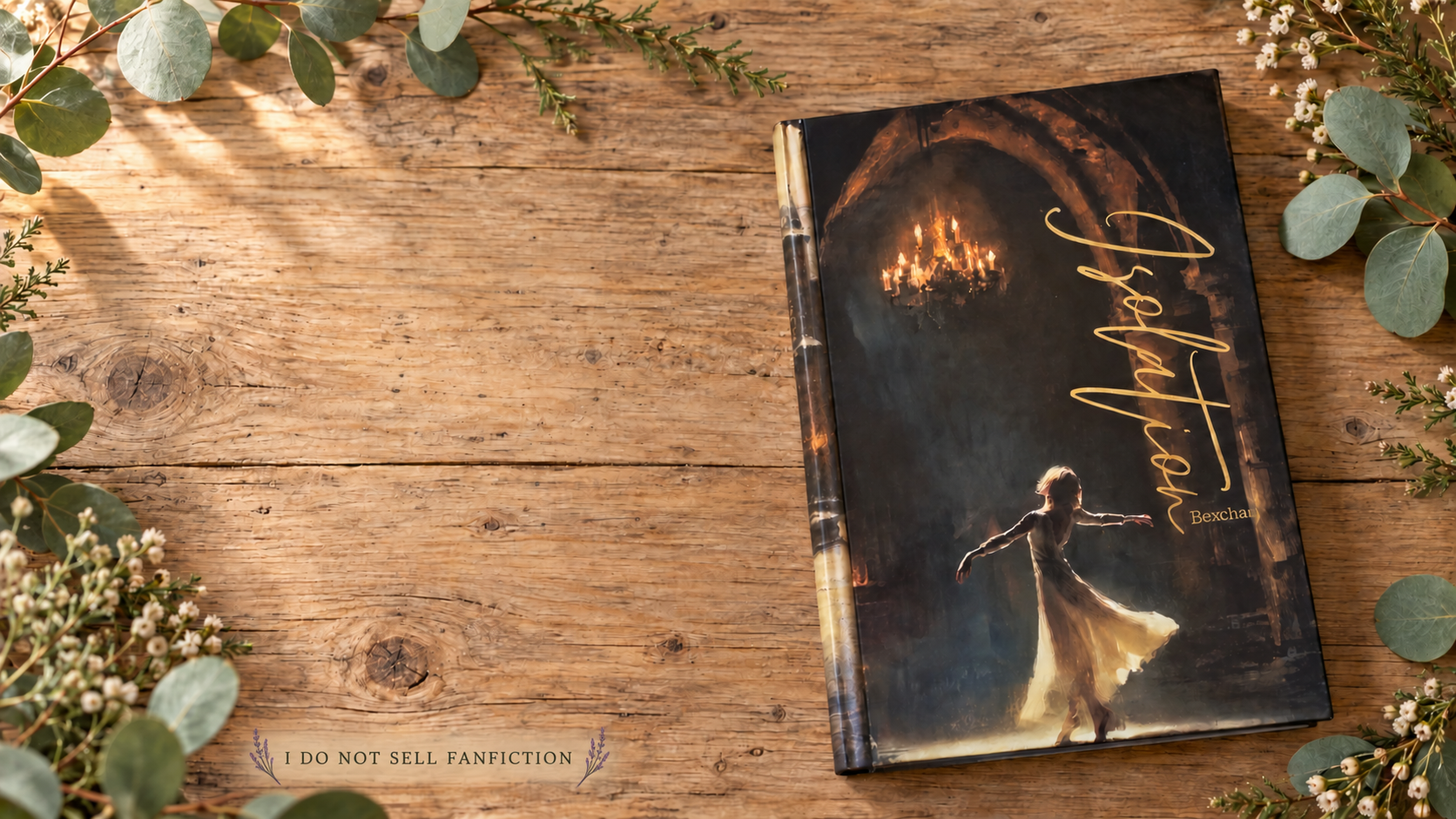 A handmade fantasy book displayed on rustic wood with eucalyptus