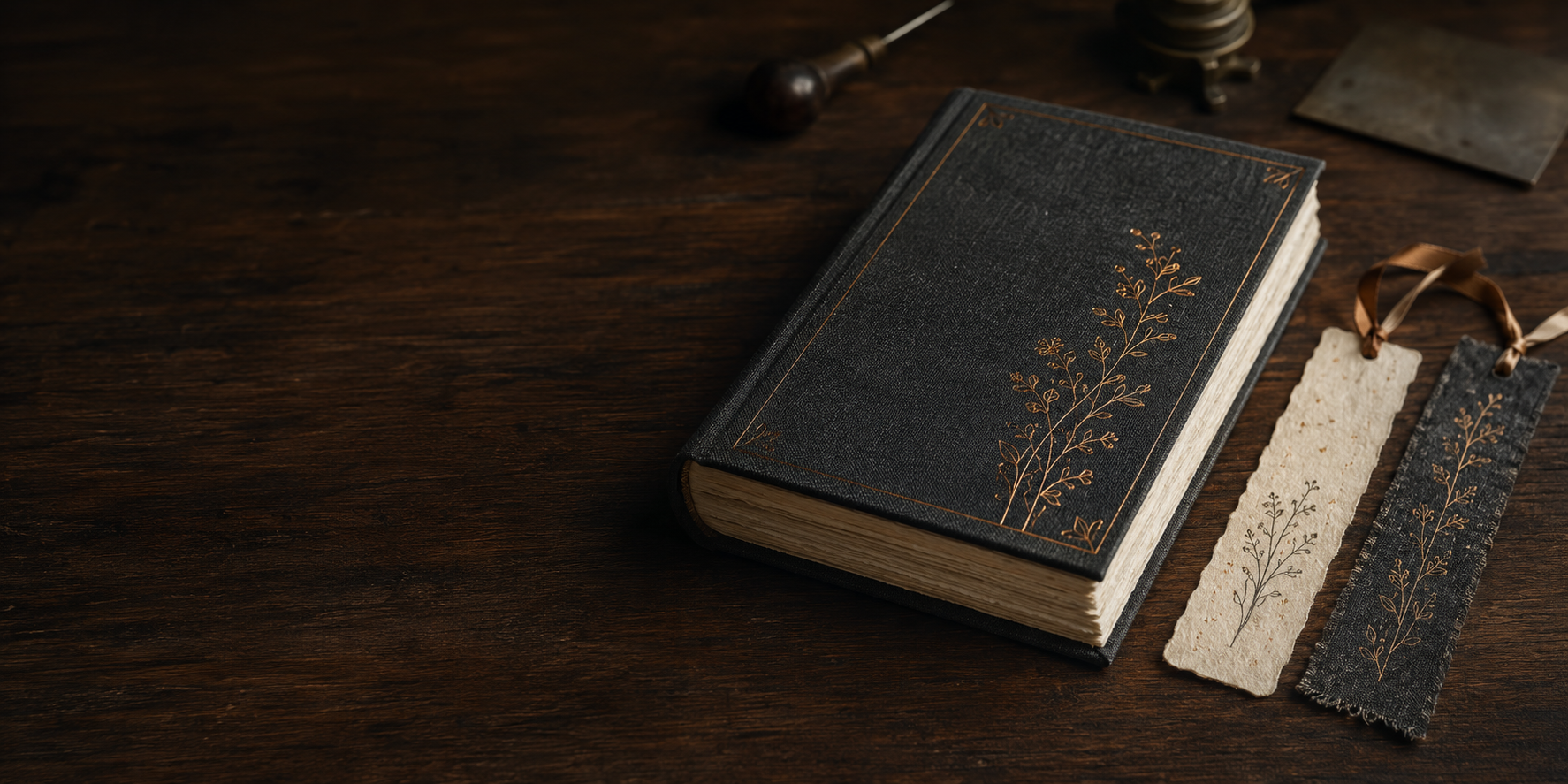 A handcrafted black clothbound book and two botanical bookmarks on a dark wood table
